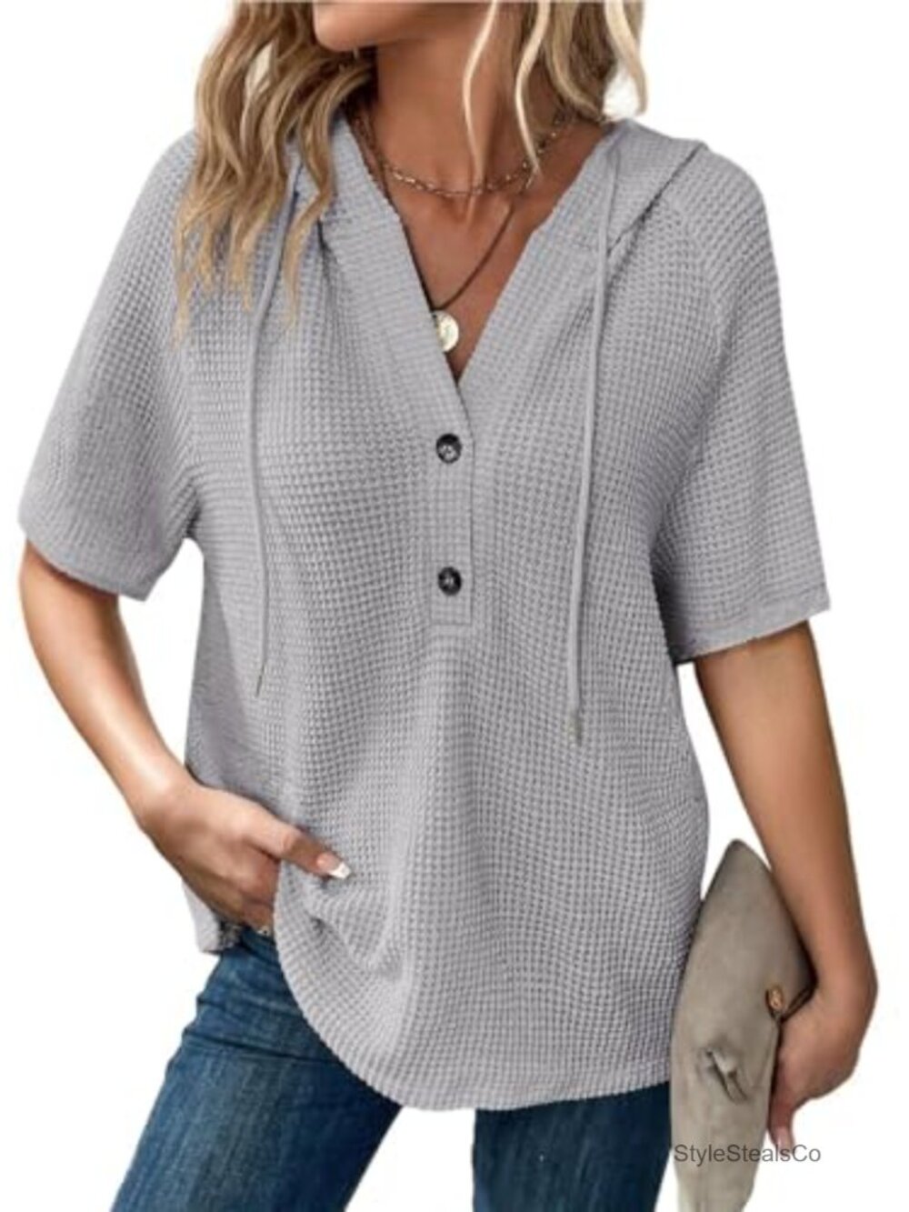 Waffle Knit Short Sleeve Drawstring Hoodie Button V Neck Casual Top